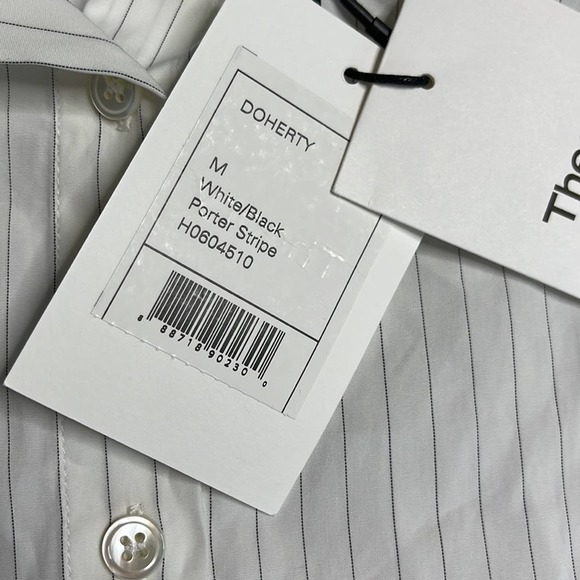 THEORY Doherty Black White Porter Stripe Button Front Off Shoulder Womens Medium - Picture 5 of 10